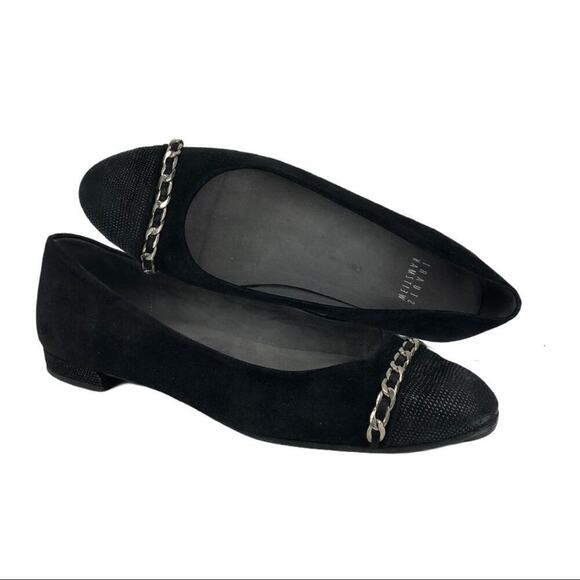 Stuart Weitzman Legacy Cap Toe Ballet Loafers Flat Black Suede Chain Accent 6 - Picture 2 of 16